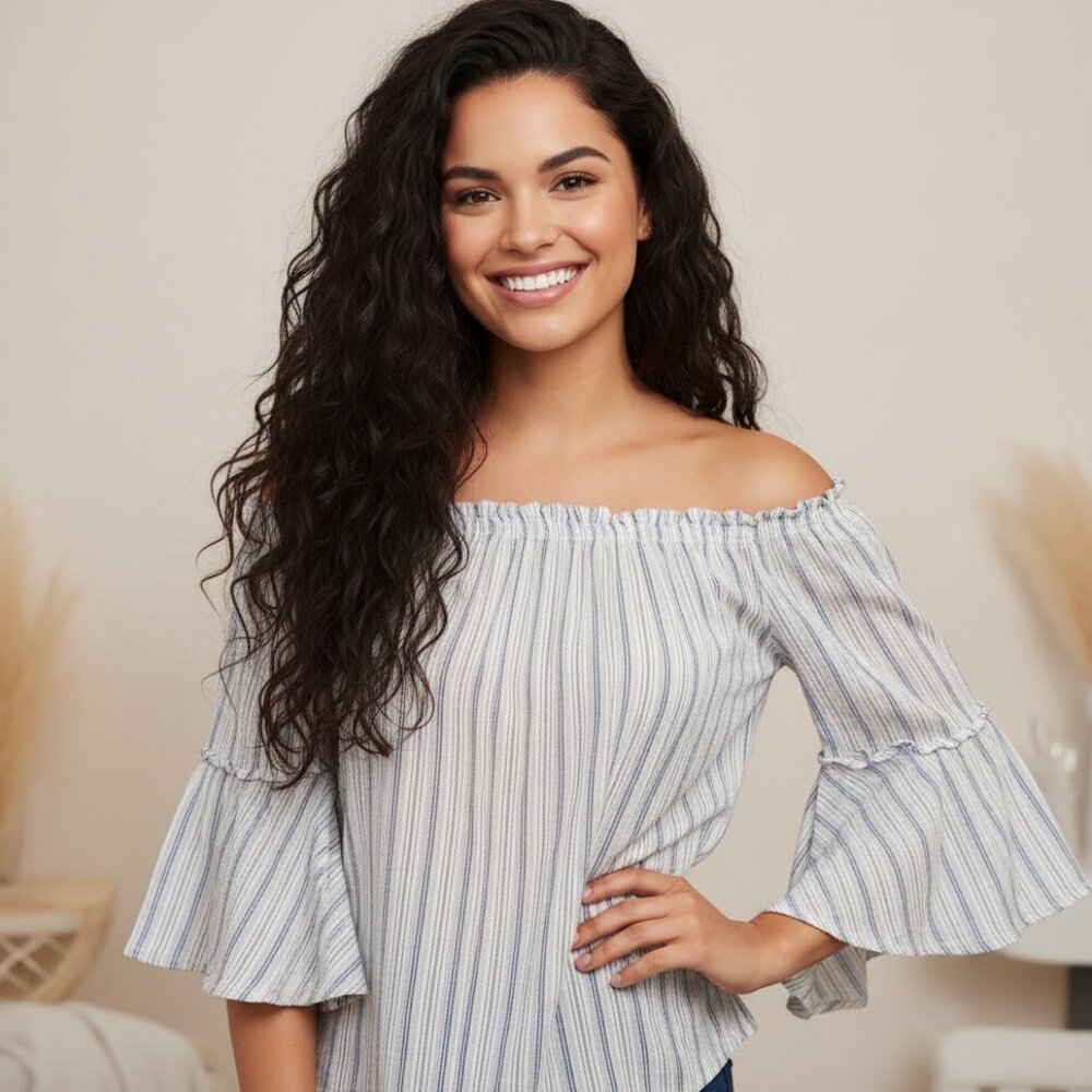 Time Tru S 4 6 Blue Striped Bell Sleeve Top Coastal Boho Casual Cottage Beach
